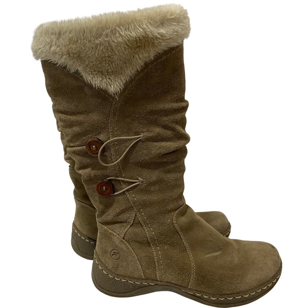 Bear Traps Stay Dry Suede Mid-Calf Tan Boots With Faux Fur Trim Button Accents